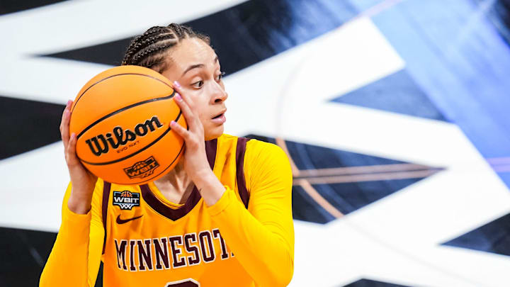 Minnesota Golden Gophers guard Amaya Battle (3) looks to pass Wednesday, April 2, 2025, during the WBIT championship game between the Minnesota Golden Gophers and the Belmont Bruins at Hinkle Fieldhouse in Indianapolis.