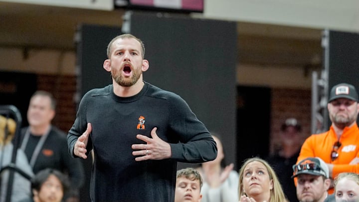 Oklahoma State’s head coach David Taylor yells during an NCAA wrestling meet between Oklahoma State and Missouri at Gallagher-Iba Arena in Stillwater, Okla., on Sunday, Feb. 2, 2025.