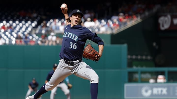 Seattle Mariners starting pitcher Logan Gilbert (36) pitches against the Washington Nationals during the first inning at Nationals Park on May 25. Seattle Mariners starting pitcher Logan Gilbert (36) pitches against the Washington Nationals during the first inning at Nationals Park on May 25.