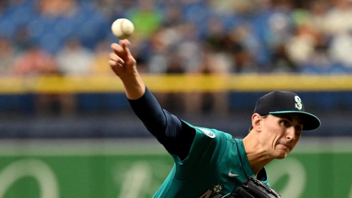 Seattle Mariners starting pitcher George Kirby (68) throws against the Tampa Bay Rays in the first inning at Tropicana Field on June 26. Seattle Mariners starting pitcher George Kirby (68) throws against the Tampa Bay Rays in the first inning at Tropicana Field on June 26.