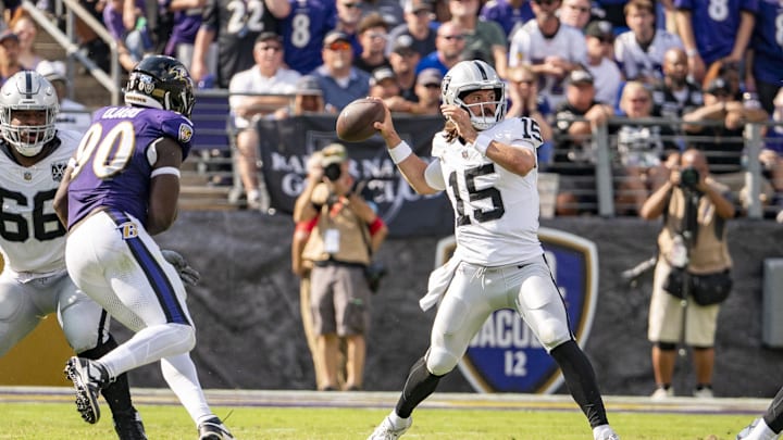 Sep 15, 2024; Baltimore, Maryland, USA; Las Vegas Raiders quarterback Gardner Minshew (15) throws during the second half against the Baltimore Ravens at M&T Bank Stadium. Mandatory Credit: Tommy Gilligan-Imagn Images Sep 15, 2024; Baltimore, Maryland, USA; Las Vegas Raiders quarterback Gardner Minshew (15) throws during the second half against the Baltimore Ravens at M&T Bank Stadium. Mandatory Credit: Tommy Gilligan-Imagn Images