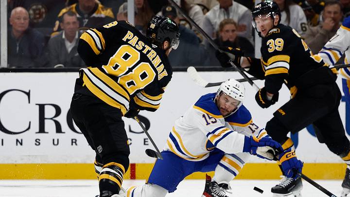 Oct 11, 2025; Boston, Massachusetts, USA; Buffalo Sabres right wing Justin Danforth (15) tries to block a shot by Boston Bruins right wing David Pastrnak (88) during the second period at TD Garden. Mandatory Credit: Winslow Townson-Imagn Images Oct 11, 2025; Boston, Massachusetts, USA; Buffalo Sabres right wing Justin Danforth (15) tries to block a shot by Boston Bruins right wing David Pastrnak (88) during the second period at TD Garden. Mandatory Credit: Winslow Townson-Imagn Images