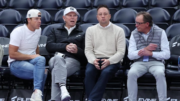 Jan 30, 2026; Salt Lake City, Utah, USA; (from left to right) Utah Jazz owner Ryan Smith and CEO of basketball operations Danny Ainge and president of basketball operations Austin Ainge and general manager Justin Zanik speak before a game against the Brooklyn Nets at Delta Center. Mandatory Credit: Rob Gray-Imagn Images Jan 30, 2026; Salt Lake City, Utah, USA; (from left to right) Utah Jazz owner Ryan Smith and CEO of basketball operations Danny Ainge and president of basketball operations Austin Ainge and general manager Justin Zanik speak before a game against the Brooklyn Nets at Delta Center. Mandatory Credit: Rob Gray-Imagn Images