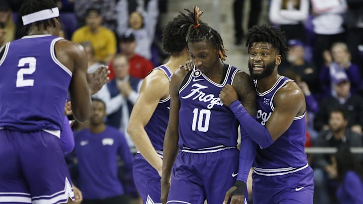Feb 26, 2022; Fort Worth, Texas, USA; TCU Horned Frogs guard Mike Miles (1) reacts with guard Damion Baugh (10)
 in the second half against the Texas Tech Red Raiders at Ed and Rae Schollmaier Arena. Mandatory Credit: Tim Heitman-Imagn Images