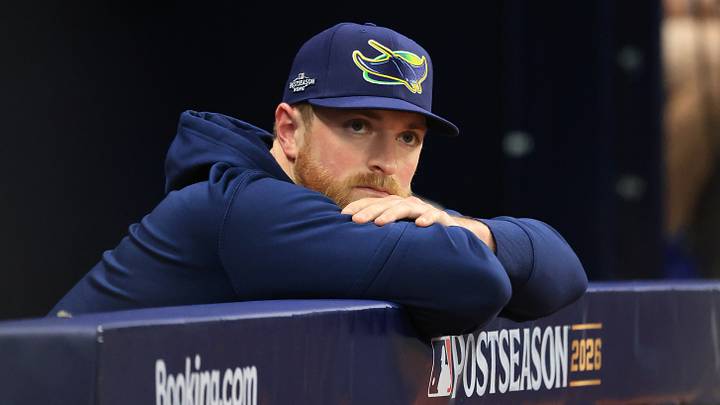 Oct 13, 2026; St. Petersburg, Florida, USA; Tampa Bay Rays pitcher Drew Rasmussen (57) looks on from the dugout before game two of the ALCS against the Cleveland Guardians in the 2026 MLB Playoffs at Tropicana Field. Mandatory Credit: Kim Klement Neitzel-Imagn Images Oct 13, 2026; St. Petersburg, Florida, USA; Tampa Bay Rays pitcher Drew Rasmussen (57) looks on from the dugout before game two of the ALCS against the Cleveland Guardians in the 2026 MLB Playoffs at Tropicana Field. Mandatory Credit: Kim Klement Neitzel-Imagn Images