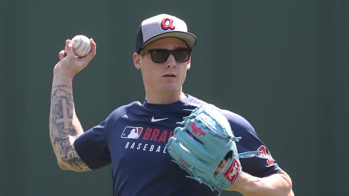May 11, 2025; Pittsburgh, Pennsylvania, USA;  Atlanta Braves pitcher AJ Smith-Shawver (32) throws in the outfield before the game against the Pittsburgh Pirates at PNC Park. Mandatory Credit: Charles LeClaire-Imagn Images