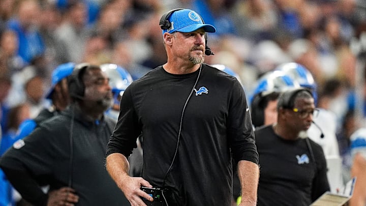 Detroit Lions head coach Dan Campbell watches a play against Indianapolis Colts during the second half at Lucas Oil Stadium in Indianapolis, Ind. on Sunday, Nov. 24, 2024.