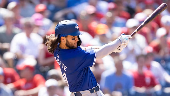 May 8, 2024; Philadelphia, Pennsylvania, USA; Toronto Blue Jays shortstop Bo Bichette (11) hits an