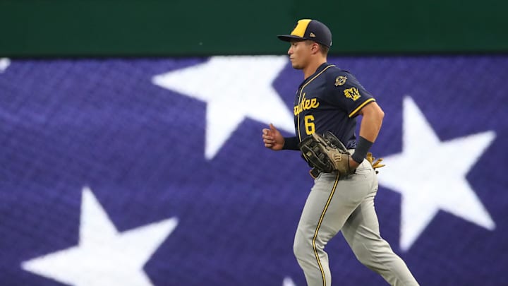 Sep 5, 2025; Pittsburgh, Pennsylvania, USA;  Milwaukee Brewers left fielder Isaac Collins (6) jogs to his position for the bottom of the third inning against the Pittsburgh Pirates at PNC Park. Mandatory Credit: Charles LeClaire-Imagn Images
