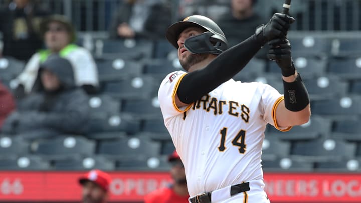 Apr 9, 2025; Pittsburgh, Pennsylvania, USA;  Pittsburgh Pirates catcher Joey Bart (14) hits a game winning walk off single to defeat the St. Louis Cardinals in the thirteenth inning at PNC Park. Mandatory Credit: Charles LeClaire-Imagn Images