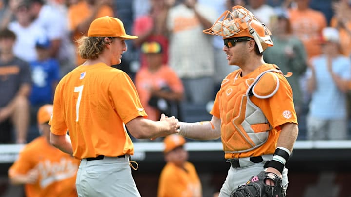 Jun 19, 2024; Omaha, NE, USA; Tennessee Volunteers pitcher Nate Snead (7) and catcher Cal Stark (10) celebrate the win against the Florida State Seminoles at Charles Schwab Field Omaha. Mandatory Credit: Steven Branscombe-USA TODAY Sports Jun 19, 2024; Omaha, NE, USA; Tennessee Volunteers pitcher Nate Snead (7) and catcher Cal Stark (10) celebrate the win against the Florida State Seminoles at Charles Schwab Field Omaha. Mandatory Credit: Steven Branscombe-USA TODAY Sports