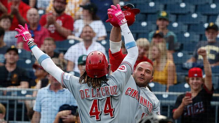 tAug 13, 2023; Pittsburgh, PA, USA; Cincinnati Reds shortstop Elly De La Cruz (44) celebrates his solo home run with designated hitter Joey Votto (right) against the Pittsburgh Pirates during the third inning at PNC Park. Mandatory Credit: Charles LeClaire-USA TODAY Sports tAug 13, 2023; Pittsburgh, PA, USA; Cincinnati Reds shortstop Elly De La Cruz (44) celebrates his solo home run with designated hitter Joey Votto (right) against the Pittsburgh Pirates during the third inning at PNC Park. Mandatory Credit: Charles LeClaire-USA TODAY Sports