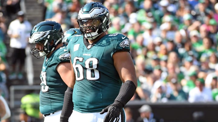 Oct 13, 2024; Philadelphia, Pennsylvania, USA; Philadelphia Eagles offensive tackle Jordan Mailata (68) against the Cleveland Browns at Lincoln Financial Field. Mandatory Credit: Eric Hartline-Imagn Images Oct 13, 2024; Philadelphia, Pennsylvania, USA; Philadelphia Eagles offensive tackle Jordan Mailata (68) against the Cleveland Browns at Lincoln Financial Field. Mandatory Credit: Eric Hartline-Imagn Images