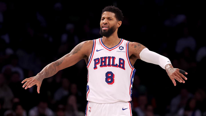 Feb 12, 2025; Brooklyn, New York, USA; Philadelphia 76ers forward Paul George (8) reacts during the fourth quarter against the Brooklyn Nets at Barclays Center. Mandatory Credit: Brad Penner-Imagn Images