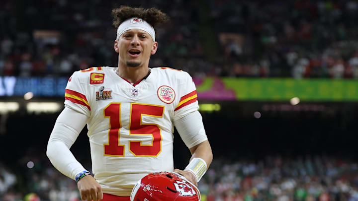 Feb 9, 2025; New Orleans, LA, USA; Kansas City Chiefs quarterback Patrick Mahomes (15) reacts on the field after the coin toss prior to the Chiefs' game against the Philadelphia Eagles in Super Bowl LIX at Caesars Superdome. Mandatory Credit: Geoff Burke-Imagn Images