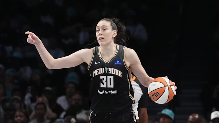 Sep 29, 2024; Brooklyn, New York, USA; New York Liberty forward Breanna Stewart (30) dribbles the ball against the Las Vegas Aces during game one of the 2024 WNBA Semi-finals at Barclays Center. Mandatory Credit: Gregory Fisher-Imagn Images Sep 29, 2024; Brooklyn, New York, USA; New York Liberty forward Breanna Stewart (30) dribbles the ball against the Las Vegas Aces during game one of the 2024 WNBA Semi-finals at Barclays Center. Mandatory Credit: Gregory Fisher-Imagn Images