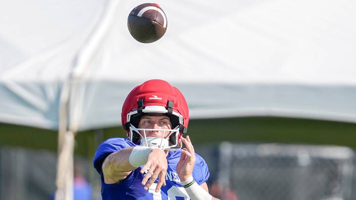Oklahoma quarterback John Mateer (10) runs drills during an OU Football practice in Norman, Okla., on Tuesday, Aug. 11, 2026. Oklahoma quarterback John Mateer (10) runs drills during an OU Football practice in Norman, Okla., on Tuesday, Aug. 11, 2026.