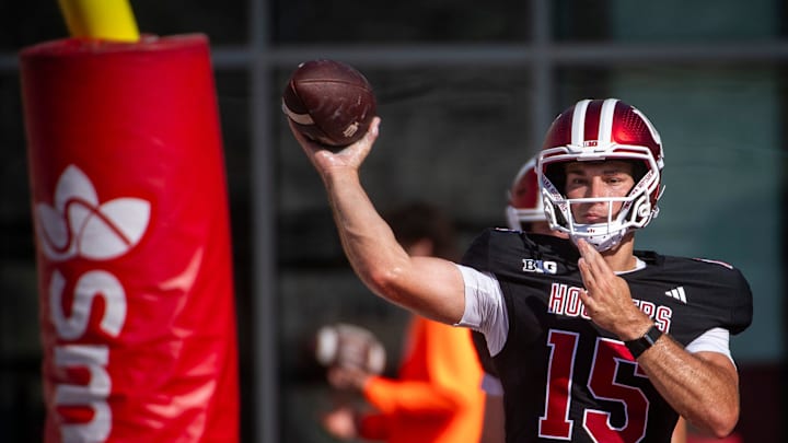 Indiana's Fernando Mendoza (15) at Indiana University football practice on Tuesday, Aug. 5, 2025.
