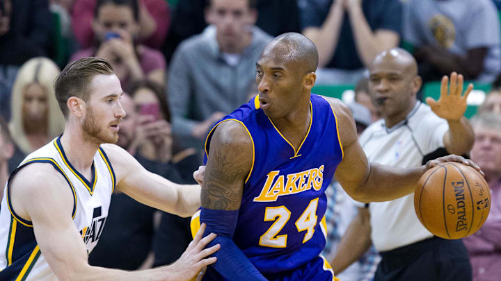Mar 28, 2016; Salt Lake City, UT, USA; Utah Jazz forward Gordon Hayward (20) defends against Los Angeles Lakers forward Kobe Bryant (24) during the first quarter at Vivint Smart Home Arena. Mandatory Credit: Russ Isabella-Imagn Images
