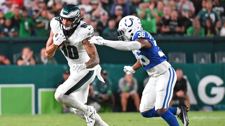 Aug 24, 2023; Philadelphia, Pennsylvania, USA; Philadelphia Eagles tight end Tyree Jackson (80) picks up yards after catch against Indianapolis Colts safety Henry Black (36) during the second quarter at Lincoln Financial Field. Mandatory Credit: Eric Hartline-USA TODAY Sports Aug 24, 2023; Philadelphia, Pennsylvania, USA; Philadelphia Eagles tight end Tyree Jackson (80) picks up yards after catch against Indianapolis Colts safety Henry Black (36) during the second quarter at Lincoln Financial Field. Mandatory Credit: Eric Hartline-USA TODAY Sports