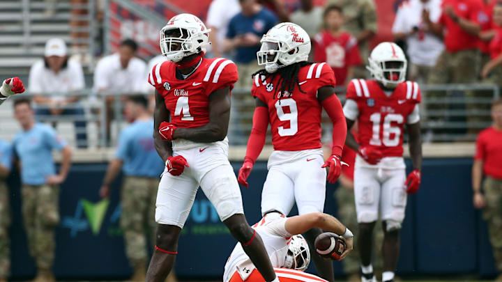 Sep 2, 2023; Oxford, Mississippi, USA; Mississippi Rebels linebacker Suntarine Perkins (4) reacts Sep 2, 2023; Oxford, Mississippi, USA; Mississippi Rebels linebacker Suntarine Perkins (4) reacts