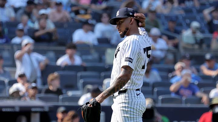 New York Yankees relief pitcher Camilo Doval (75) reacts during the eleventh inning against the Detroit Tigers at Yankee Stadium. New York Yankees relief pitcher Camilo Doval (75) reacts during the eleventh inning against the Detroit Tigers at Yankee Stadium.