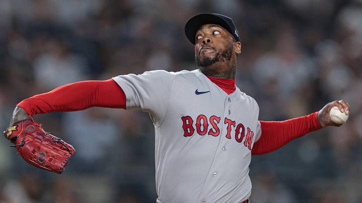 Jun 5, 2026; Bronx, New York, USA; Boston Red Sox pitcher Aroldis Chapman (44) delivers a pitch during the ninth inning against the New York Yankees at Yankee Stadium. Mandatory Credit: Vincent Carchietta-Imagn Images Jun 5, 2026; Bronx, New York, USA; Boston Red Sox pitcher Aroldis Chapman (44) delivers a pitch during the ninth inning against the New York Yankees at Yankee Stadium. Mandatory Credit: Vincent Carchietta-Imagn Images