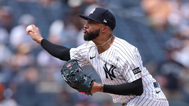 Bronx, New York, USA; New York Yankees relief pitcher Devin Williams (38) delivers a pitch during the ninth inning against the Baltimore Orioles at Yankee Stadium. Mandatory Credit: Vincent Carchietta-Imagn Images