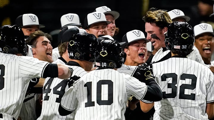 Vanderbilt third baseman Brodie Johnston (9) celebrates his grand slam home run against Xavier during the seventh inning at Hawkins Field in Nashville, Tenn., Friday, March 7, 2025. Vanderbilt won 15-3 in seven innings.