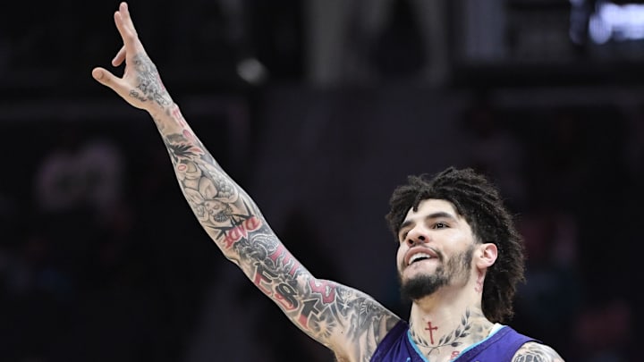 Jan 8, 2026; Charlotte, North Carolina, USA; Charlotte Hornets guard LaMelo Ball (1) reacts after scoring during the second half against the Indiana pacers at the Spectrum Center. Jan 8, 2026; Charlotte, North Carolina, USA; Charlotte Hornets guard LaMelo Ball (1) reacts after scoring during the second half against the Indiana pacers at the Spectrum Center.