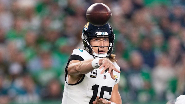 Nov 3, 2024; Philadelphia, Pennsylvania, USA; Jacksonville Jaguars quarterback Trevor Lawrence (16) passes the ball against the Philadelphia Eagles during the second quarter at Lincoln Financial Field. Mandatory Credit: Bill Streicher-Imagn Images