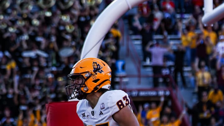 Nov 30, 2024; Tucson, Arizona, USA; Arizona State Sun Devils wide receiver Derek Eusebio (83) celebrates a touchdown made against the Arizona Wildcats during the fourth quarter at Arizona Stadium. Mandatory Credit: Aryanna Frank-Imagn Images Nov 30, 2024; Tucson, Arizona, USA; Arizona State Sun Devils wide receiver Derek Eusebio (83) celebrates a touchdown made against the Arizona Wildcats during the fourth quarter at Arizona Stadium. Mandatory Credit: Aryanna Frank-Imagn Images