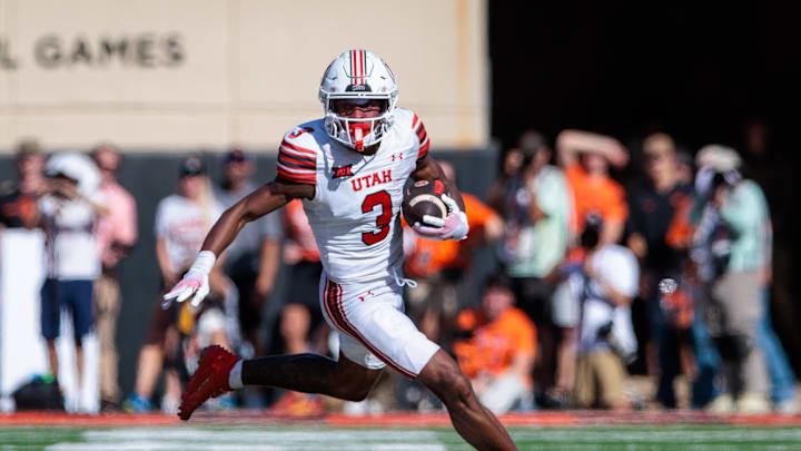 Sep 21, 2024; Stillwater, Oklahoma, USA; Utah Utes wide receiver Dorian Singer (3) runs the ball during the second quarter against the Oklahoma State Cowboys at Boone Pickens Stadium. Mandatory Credit: William Purnell-Imagn Images