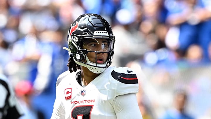 Sep 8, 2024; Indianapolis, Indiana, USA; Houston Texans quarterback C.J. Stroud (7) looks for a teammate during the first quarter against the Indianapolis Colts at Lucas Oil Stadium. Mandatory Credit: Marc Lebryk-Imagn Images Sep 8, 2024; Indianapolis, Indiana, USA; Houston Texans quarterback C.J. Stroud (7) looks for a teammate during the first quarter against the Indianapolis Colts at Lucas Oil Stadium. Mandatory Credit: Marc Lebryk-Imagn Images