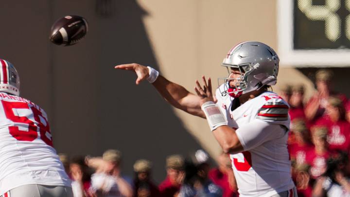 Ohio State Buckeyes quarterback Luke Fahey (13) throws after starter Julian Sayin left the game during the NCAA football game against the Indiana Hoosiers at Memorial Stadium Stadium in Bloomington, Ind. on Oct. 17, 2026. Ohio State Buckeyes quarterback Luke Fahey (13) throws after starter Julian Sayin left the game during the NCAA football game against the Indiana Hoosiers at Memorial Stadium Stadium in Bloomington, Ind. on Oct. 17, 2026.