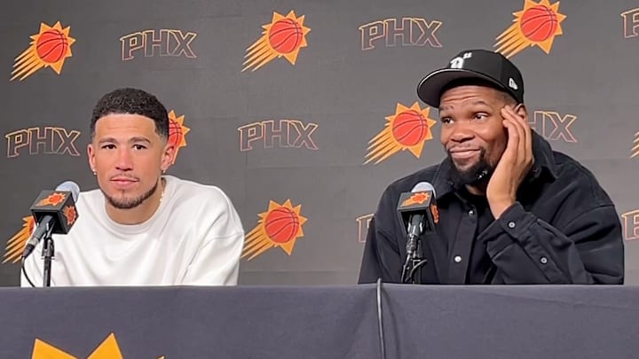 Phoenix Suns' Devin Booker and Kevin Durant speaking to media on March 24, 2025. Phoenix Suns' Devin Booker and Kevin Durant speaking to media on March 24, 2025.