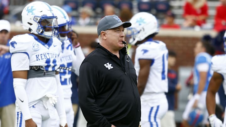Sep 28, 2024; Oxford, Mississippi, USA; Kentucky Wildcats head coach Mark Stoops watches during warm ups prior to the game against the Mississippi Rebels at Vaught-Hemingway Stadium. Mandatory Credit: Petre Thomas-Imagn Images