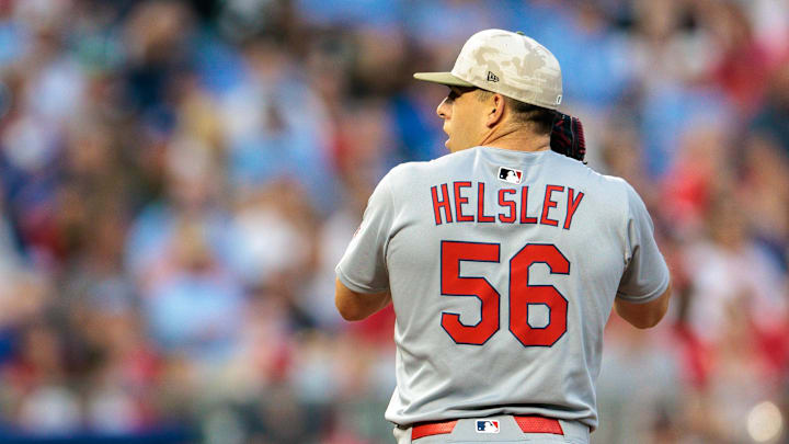 May 17, 2025; Kansas City, Missouri, USA; St. Louis Cardinals pitcher Ryan Helsley (56) pitches during the ninth inning against the Kansas City Royals at Kauffman Stadium. Mandatory Credit: William Purnell-Imagn Images