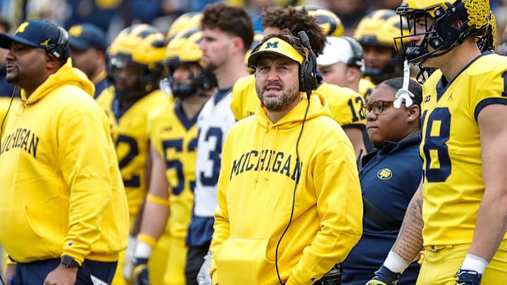 Maize Team head coach Kirk Campbell watches a play during the spring game at Michigan Stadium in Ann Arbor on Saturday, April 20, 2024. Maize Team head coach Kirk Campbell watches a play during the spring game at Michigan Stadium in Ann Arbor on Saturday, April 20, 2024.
