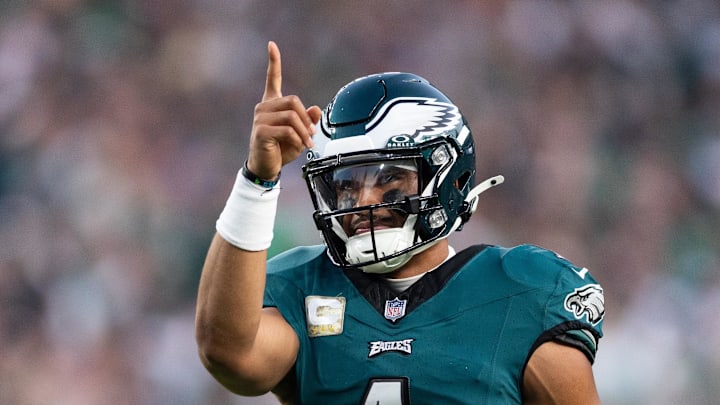 Nov 5, 2023; Philadelphia, Pennsylvania, USA; Philadelphia Eagles quarterback Jalen Hurts (1) reacts