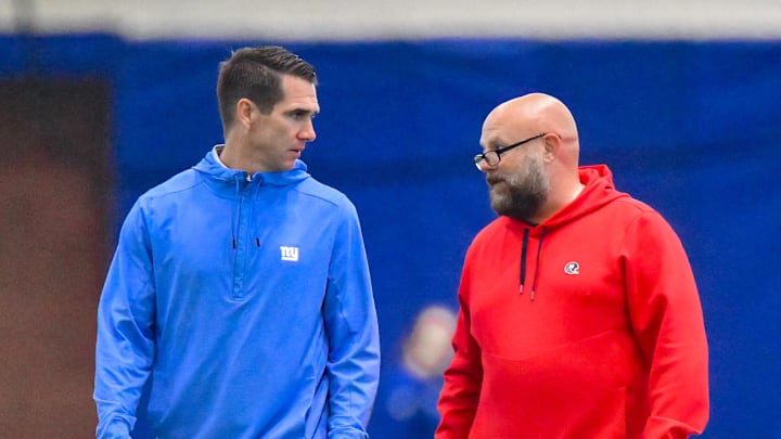 Jun 17, 2025; East Rutherford, NJ, USA; New York Giants general manager Joe Schoen (left) and head coach Brian Daboll talk during minicamp at Quest Diagnostics Training Center.