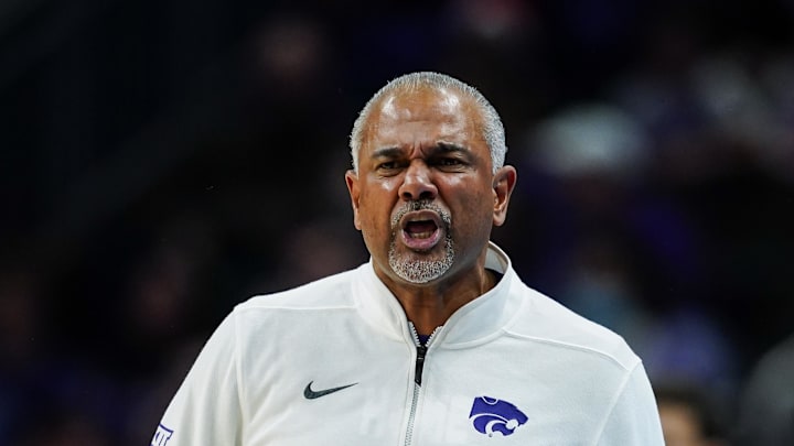 Dec 17, 2024; Kansas City, Missouri, USA; Kansas State Wildcats head coach Jerome Tang reacts during the second half against the Drake Bulldogs at T-Mobile Center. Mandatory Credit: Jay Biggerstaff-Imagn Images Dec 17, 2024; Kansas City, Missouri, USA; Kansas State Wildcats head coach Jerome Tang reacts during the second half against the Drake Bulldogs at T-Mobile Center. Mandatory Credit: Jay Biggerstaff-Imagn Images