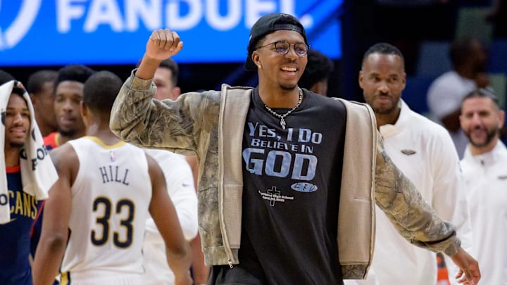 Oct 7, 2024; New Orleans, Louisiana, USA; New Orleans Pelicans guard Trey Murphy III celebrates his team's victory over the Orlando Magic at Smoothie King Center.