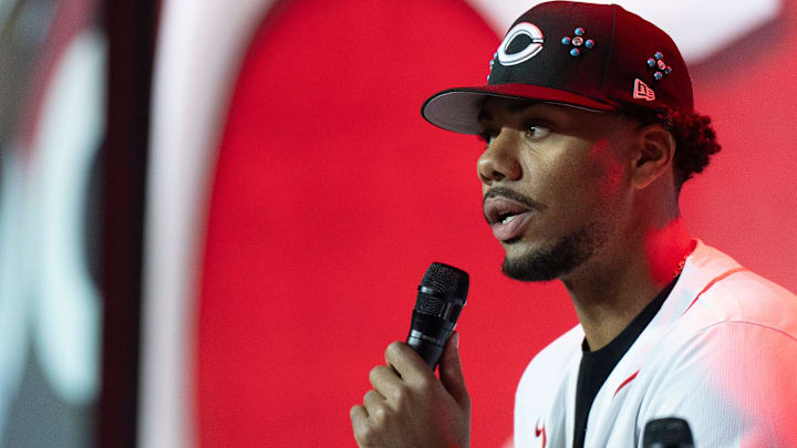 Cincinnati Reds pitcher Hunter Greene answers questions during the children’s press conference event at Reds Fest 2026 at the Duke Energy Convention Center in Cincinnati on Jan. 17, 2026.