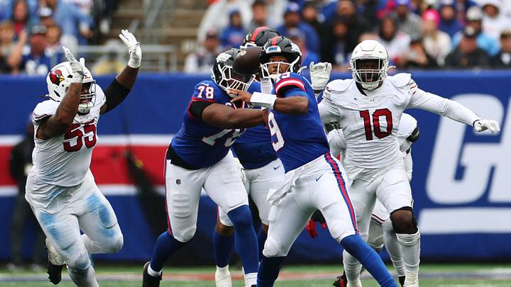 Oct 4, 2026; East Rutherford, New Jersey, USA;  New York Giants quarterback Jameis Winston (19) throws a pass during the third quarter at MetLife Stadium.   