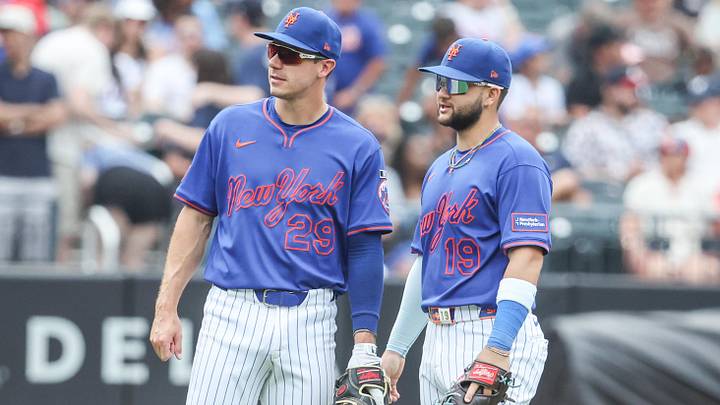 Jun 14, 2026; New York City, New York, USA; New York Mets first baseman Jared Young (29) and shortstop Bo Bichette (19) talk during a pitching change in the eighth inning against the Atlanta Braves at Citi Field. Mandatory Credit: Wendell Cruz-Imagn Images Jun 14, 2026; New York City, New York, USA; New York Mets first baseman Jared Young (29) and shortstop Bo Bichette (19) talk during a pitching change in the eighth inning against the Atlanta Braves at Citi Field. Mandatory Credit: Wendell Cruz-Imagn Images