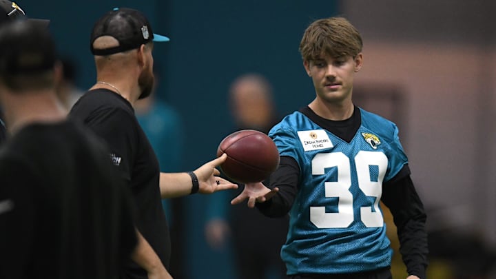 Jacksonville Jaguars kicker Cam Little (39) on the field during Friday's rookie minicamp. The