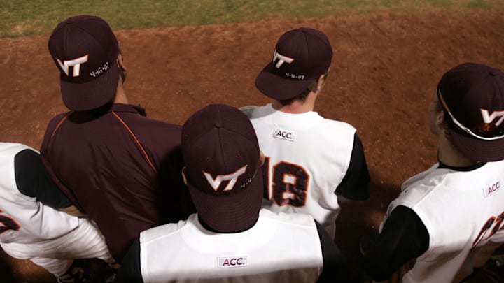 April 20, 2007; Blacksburg, VA, USA; Members of the Virginia Tech baseball team wear hats with "4-16-07" written on them during the game against the Miami Hurricanes at English Field in Blacksburg, VA.   Miami defeated Virginia Tech 11-9.  This is the first Virginia Tech home sporting event since the shootings.  Mandatory Credit: James Lang-Imagn Images Copyright © James Lang