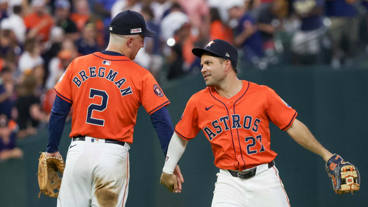 Jun 14, 2024; Houston, Texas, USA; Houston Astros third baseman Alex Bregman (2) and second baseman Jose Altuve (27) celebrate the win against the Detroit Tigers at Minute Maid Park. Mandatory Credit: Thomas Shea-USA TODAY Sports Jun 14, 2024; Houston, Texas, USA; Houston Astros third baseman Alex Bregman (2) and second baseman Jose Altuve (27) celebrate the win against the Detroit Tigers at Minute Maid Park. Mandatory Credit: Thomas Shea-USA TODAY Sports