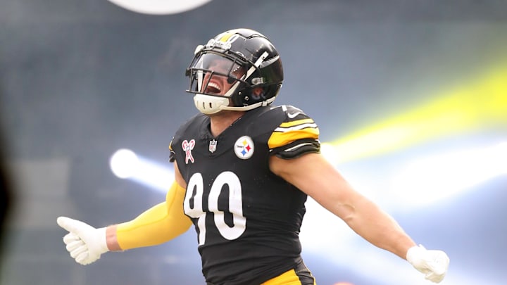 Dec 25, 2024; Pittsburgh, Pennsylvania, USA;  Pittsburgh Steelers linebacker T.J. Watt (90) reacts as he takes the field against the Kansas City Chiefs at Acrisure Stadium. Mandatory Credit: Charles LeClaire-Imagn Images